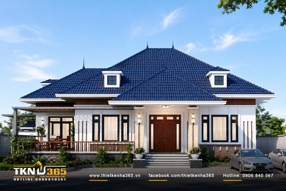Mẫu biệt thự tân cổ điển 1 tầng gây ấn tượng với mặt tiền rộng, sảnh lớn và bố cục cân đối mang đến vẻ sang trọng, bề thế