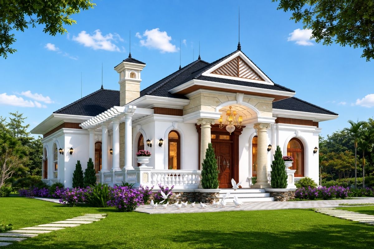 Mẫu nhà vườn tân cổ điển 1 tầng kết hợp hài hòa giữa kiến trúc sang trọng và cảnh quan xanh, phù hợp với những khu đất rộng (Ảnh: Sưu tầm)