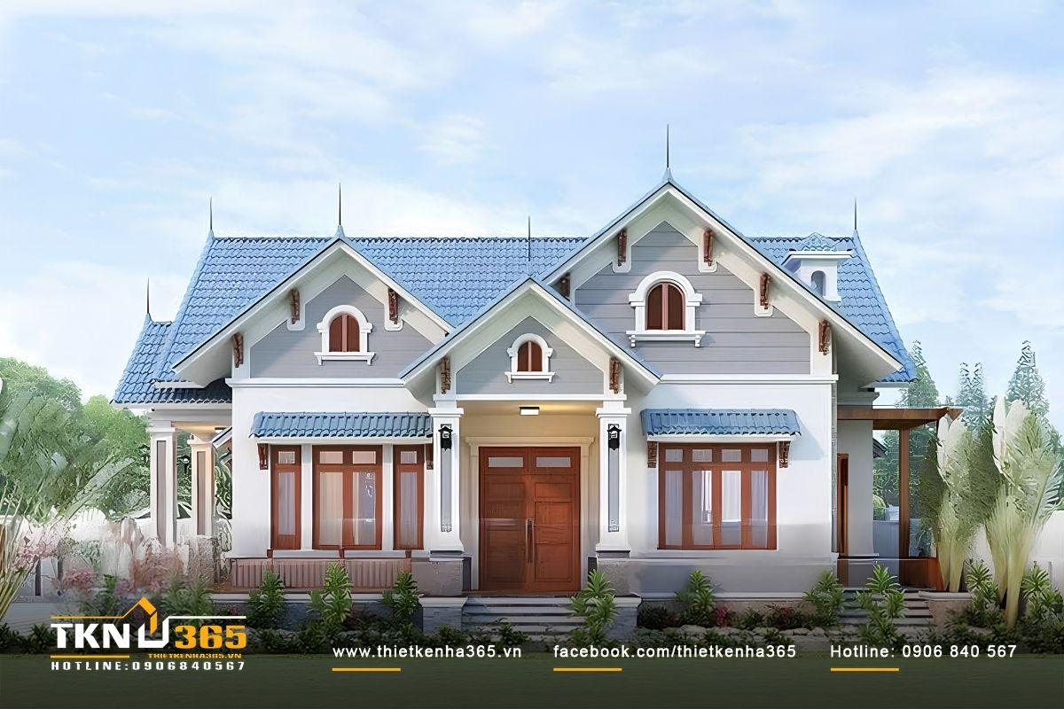 Nhà tân cổ điển 1 tầng mái Thái tạo cảm giác cao ráo, thanh thoát nhờ hệ mái dốc nổi bật kết hợp cùng sảnh và cột cân đối