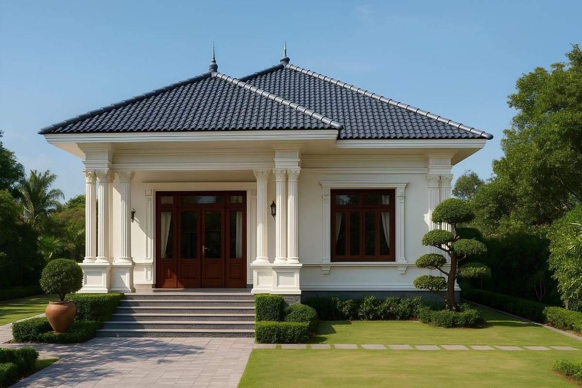 Nhà tân cổ điển 1 tầng mái Nhật mang vẻ thanh lịch, nhẹ nhàng, phù hợp với xu hướng tân cổ điển tối giản và không gian sân vườn (Ảnh: Sưu tầm)