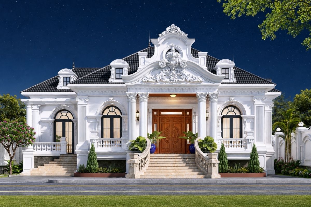 Nhà tân cổ điển 1 tầng kiểu Pháp nổi bật với bố cục đối xứng, cửa vòm, hệ cột và sảnh trang trọng mang đậm nét kiến trúc châu Âu (Ảnh: Sưu tầm)