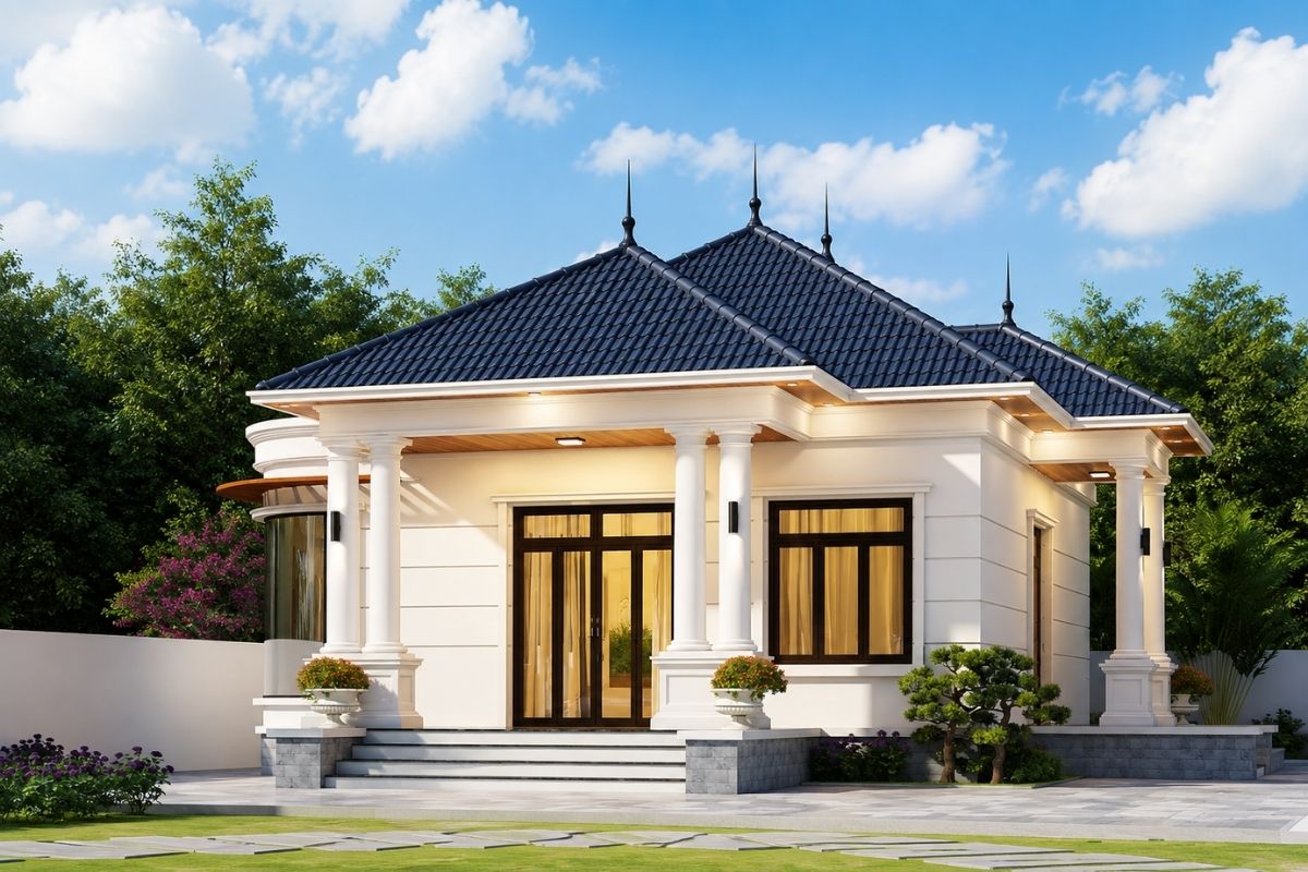 Nhà tân cổ điển 1 tầng 4 phòng ngủ phù hợp gia đình nhiều thế hệ, giúp các thành viên sinh hoạt thuận tiện trên cùng một mặt sàn (Ảnh: Sưu tầm)