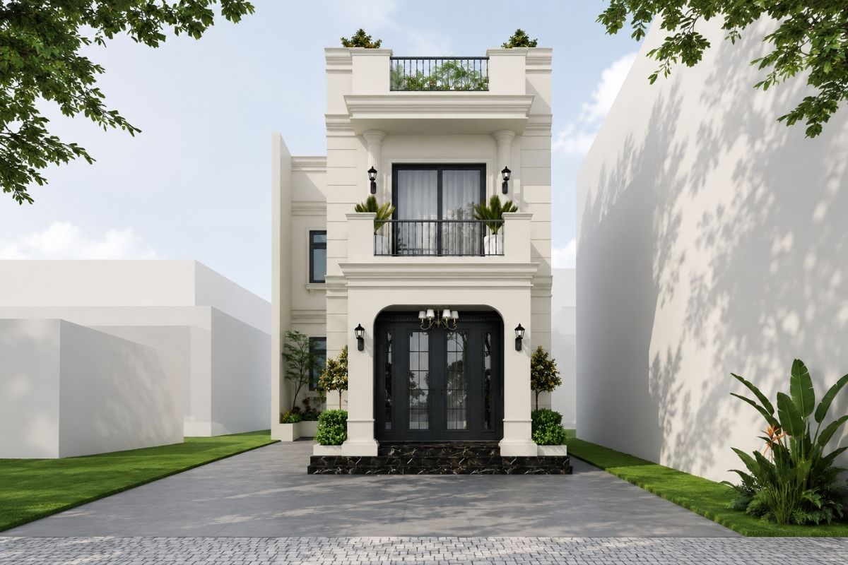 25+ Mẫu Nhà Tân Cổ Điển 1 Trệt 1 Lầu Đẹp, Sang Trọng Và Không Lỗi Thời 16 Mẫu nhà tân cổ điển 1 trệt 1 lầu đẹp quy mô nhỏ lược bỏ bớt những chi tiết trang trí rườm rà, đảm bảo tỷ lệ mặt tiền nhẹ nhàng và cân đối (Ảnh: Sưu tầm)