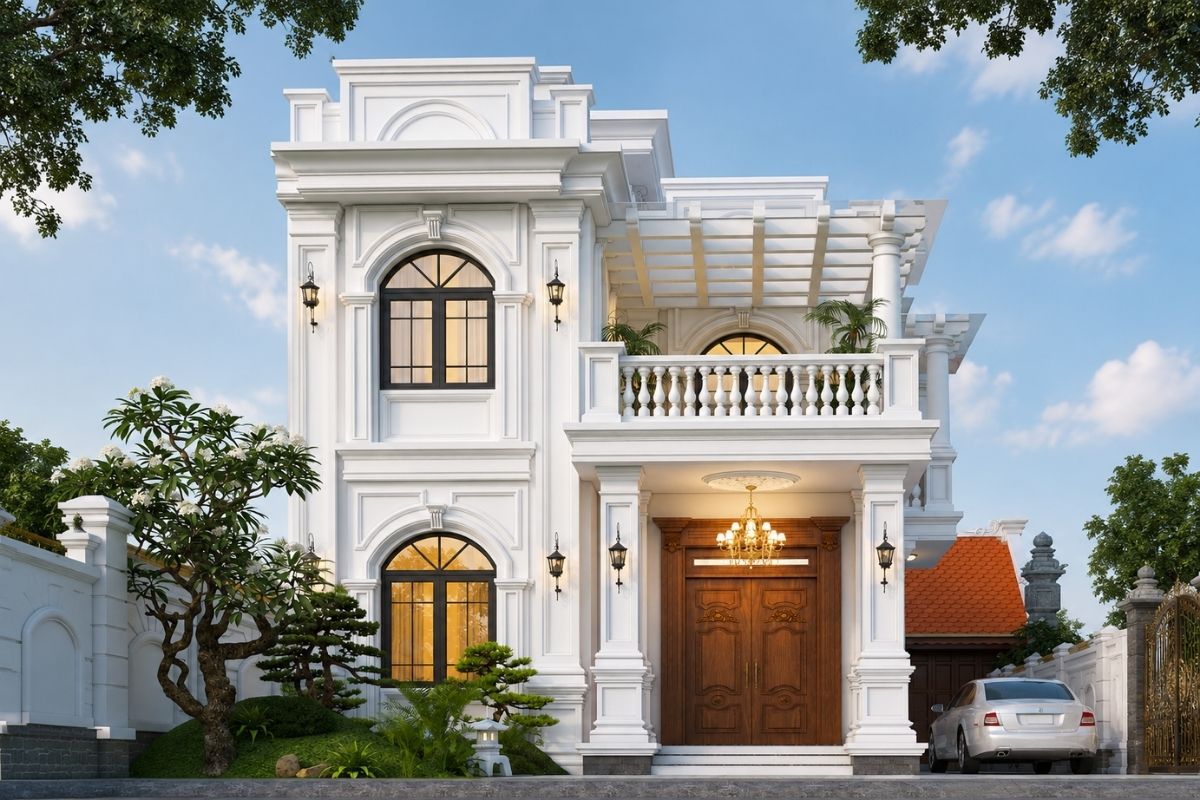 25+ Mẫu Nhà Tân Cổ Điển 1 Trệt 1 Lầu Đẹp, Sang Trọng Và Không Lỗi Thời 18 Mẫu nhà tân cổ điển 1 trệt 1 lầu đẹp với chi tiết trang trí cân đối, vật liệu phù hợp duy trì giá trị thẩm mỹ bền vững theo thời gian (Ảnh: Sưu tầm)