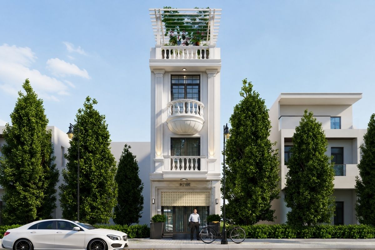 35+ Mẫu Nhà Tân Cổ Điển 3 Tầng Đẹp, Sang Trọng Và Cân Đối 10 Nhà tân cổ điển 3 tầng có sân thượng giúp tăng không gian thư giãn, cây xanh và tiện ích ngoài trời cho gia đình (Ảnh: Sưu tầm)