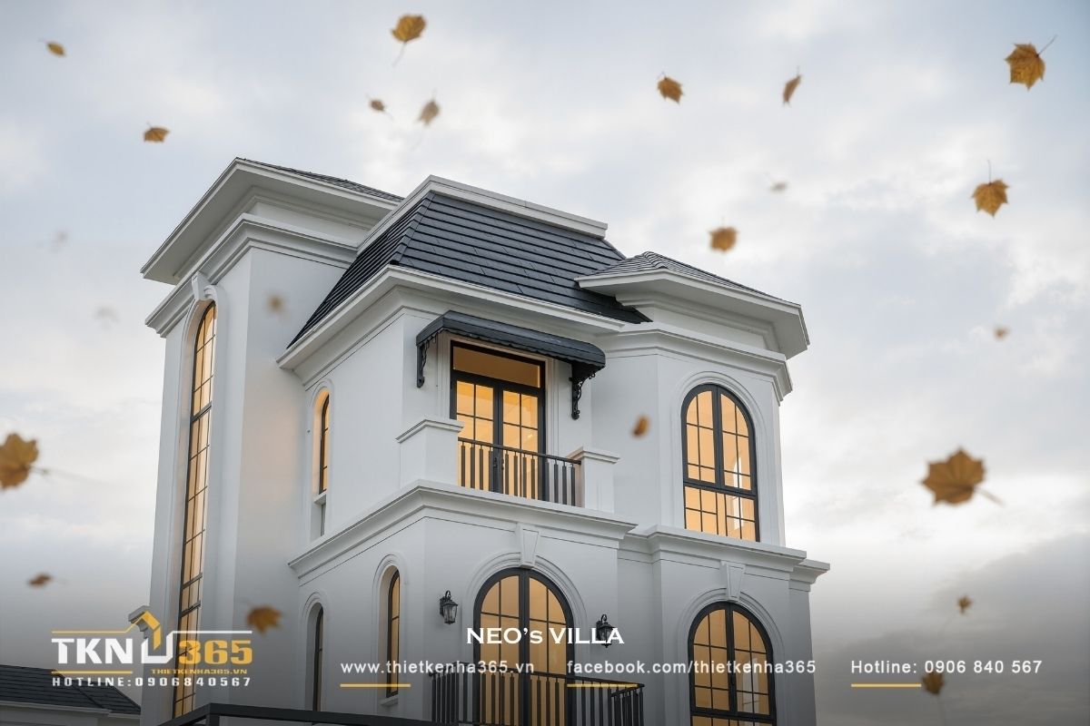 35+ Mẫu Nhà Tân Cổ Điển 3 Tầng Đẹp, Sang Trọng Và Cân Đối 12 Hệ mái hoàn thiện tỷ lệ tổng thể và tạo điểm kết thúc rõ nét cho thiết kế nhà tân cổ điển 3 tầng