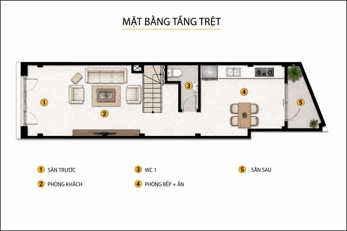 35+ Mẫu Nhà Tân Cổ Điển 3 Tầng Đẹp, Sang Trọng Và Cân Đối 14 Tầng trệt trong mặt bằng nhà tân cổ điển 3 tầng ưu tiên không gian tiếp khách, bếp - ăn và các khu vực sử dụng chung (Ảnh: Sưu tầm)