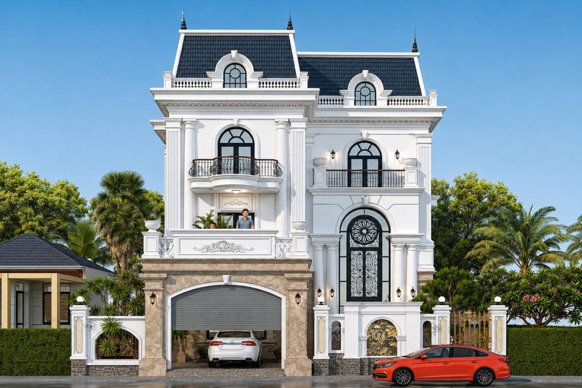35+ Mẫu Nhà Tân Cổ Điển 3 Tầng Đẹp, Sang Trọng Và Cân Đối 6 Nhà tân cổ điển 3 tầng có gara kết hợp không gian để xe tiện lợi với mặt tiền sang trọng và công năng sinh hoạt khoa học (Ảnh: Sưu tầm)