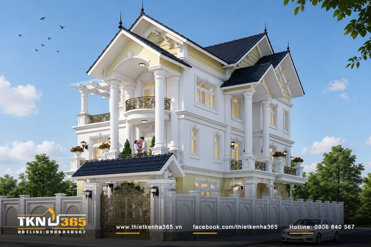 35+ Mẫu Nhà Tân Cổ Điển 3 Tầng Đẹp, Sang Trọng Và Cân Đối 8 Nhà tân cổ điển 3 tầng mái Thái tạo dáng cao ráo, thanh thoát và phù hợp cả nhà phố lẫn biệt thự