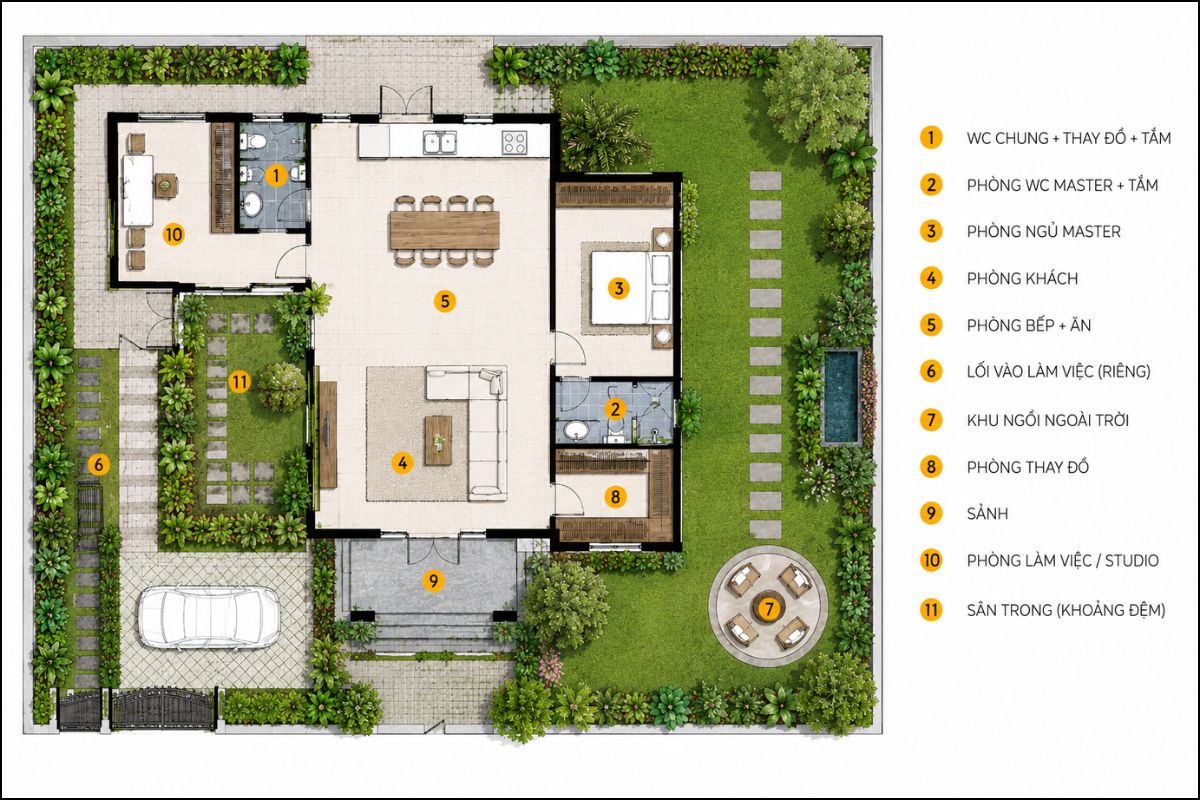 Bản vẽ nhà kết hợp làm việc phân tách tương đối không gian làm việc với khu vực sinh hoạt gia đình (Ảnh: Sưu tầm)