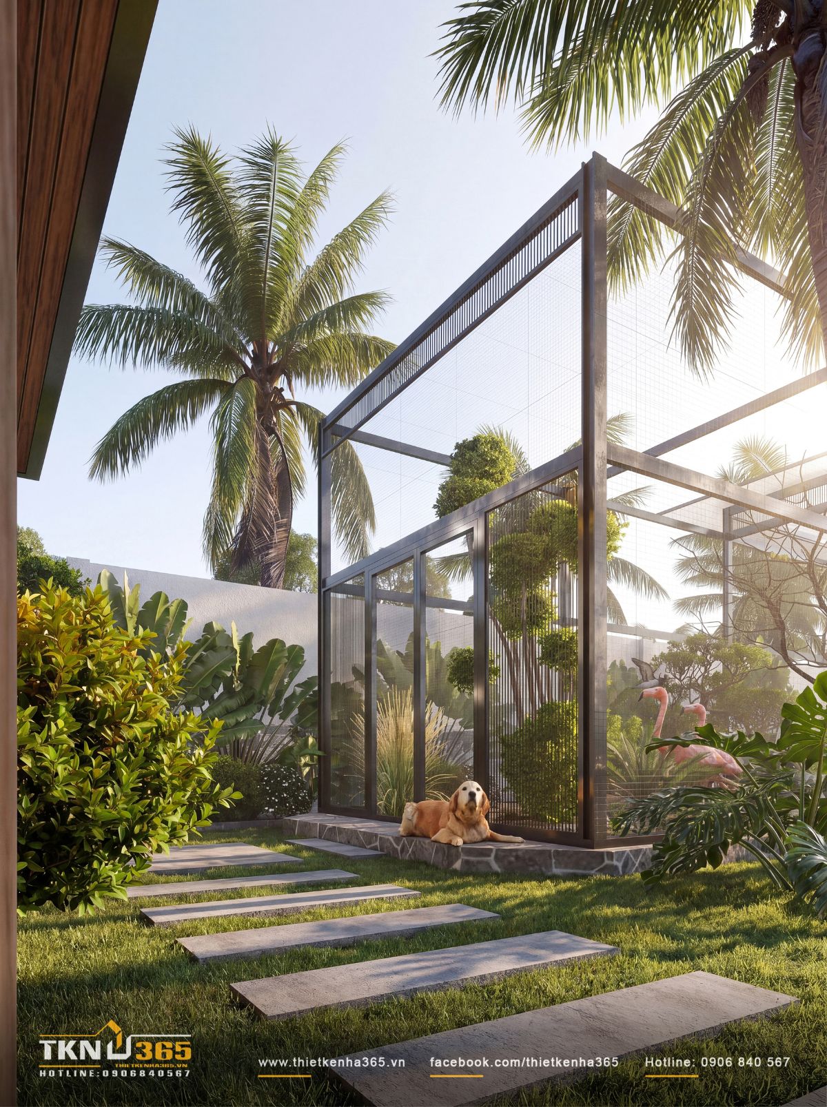 Nhà phố 1 tầng 8x15m biến khoảng sân rộng thành không gian nghỉ dưỡng mỗi ngày 11 Khu aviary nằm giữa mảng xanh riêng, tách khỏi khối nhà phố 1 tầng nhưng vẫn thuận tiện tiếp cận từ sân vườn