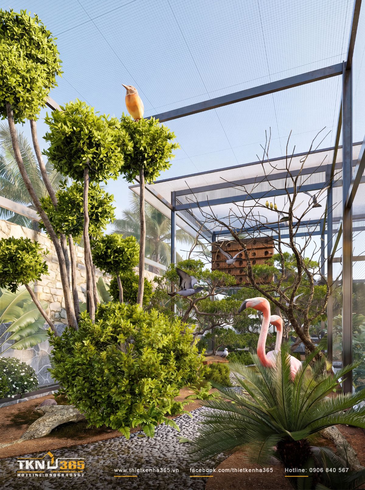 Nhà phố 1 tầng 8x15m biến khoảng sân rộng thành không gian nghỉ dưỡng mỗi ngày 12 Bên trong aviary, cây xanh, lối đi rải sỏi được bố trí thành môi trường gần gũi với tự nhiên cho các loài chim