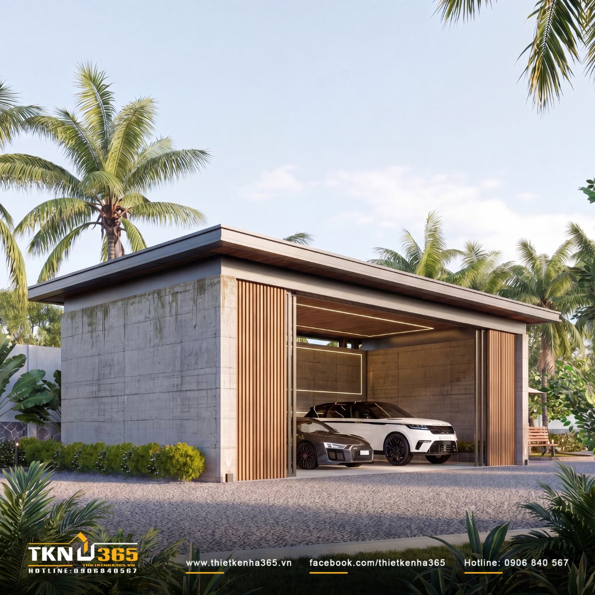 Nhà phố 1 tầng 8x15m biến khoảng sân rộng thành không gian nghỉ dưỡng mỗi ngày 13 Gara được bố trí thành khối độc lập với nhà phố 1 tầng, sử dụng bê tông, mái phẳng và lam gỗ đồng bộ với kiến trúc chính