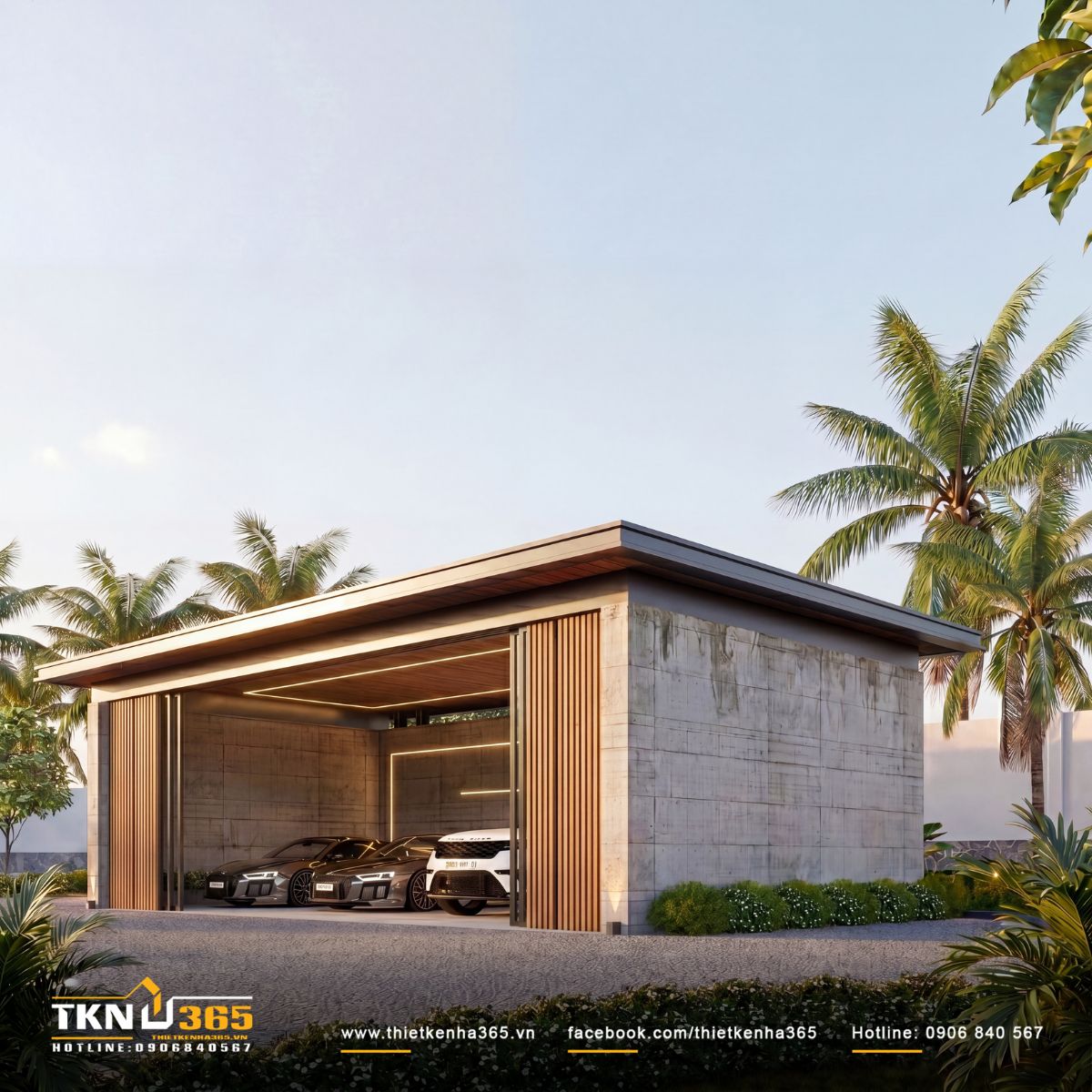Nhà phố 1 tầng 8x15m biến khoảng sân rộng thành không gian nghỉ dưỡng mỗi ngày 14 Khối gara có diện tích rộng, tách khỏi khu vực ở để hạn chế tiếng ồn và mùi xe ảnh hưởng đến sinh hoạt gia đình