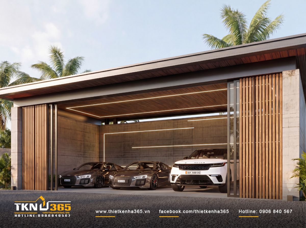 Nhà phố 1 tầng 8x15m biến khoảng sân rộng thành không gian nghỉ dưỡng mỗi ngày 15 Hệ lam gỗ kết hợp trần ốp gỗ và bê tông tạo diện mạo hiện đại, gọn gàng cho khu vực gara ô tô