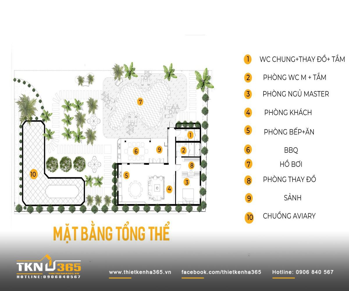 Nhà phố 1 tầng 8x15m biến khoảng sân rộng thành không gian nghỉ dưỡng mỗi ngày 16 Mặt bằng nhà phố 1 tầng tổ chức toàn bộ công năng trên một mặt sàn, kết hợp khối nhà chính với hồ bơi, khu BBQ và aviary trong cùng khuôn viên