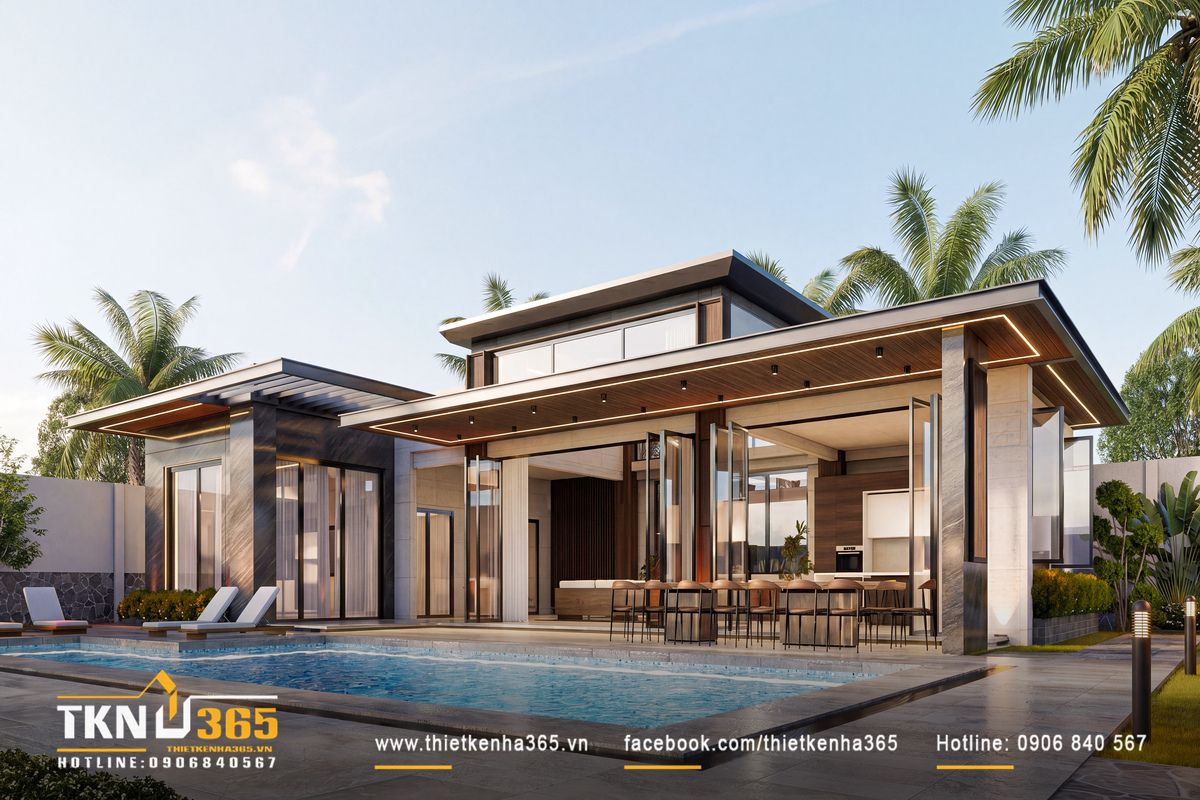 Nhà phố 1 tầng 8x15m biến khoảng sân rộng thành không gian nghỉ dưỡng mỗi ngày 2 Hồ bơi bố trí sát khối nhà, đưa cảnh quan và khu vực thư giãn ngoài trời đến gần phòng khách, bếp ăn