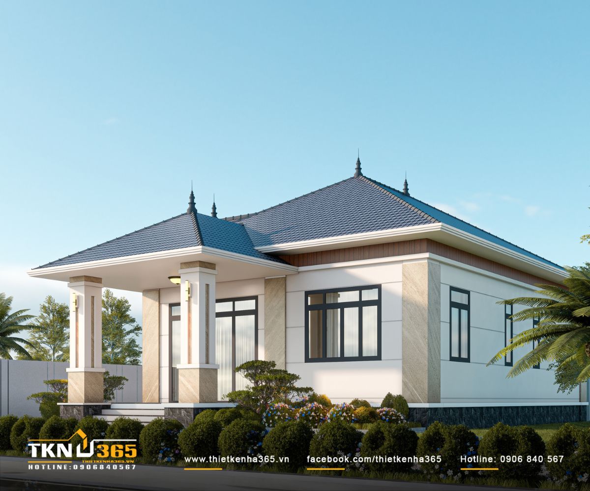 Hệ mái vươn rộng kết hợp cửa kính khung tối màu giúp nhà phố 1 tầng có diện mạo thanh thoát, đồng thời tăng khả năng che nắng cho không gian bên trong