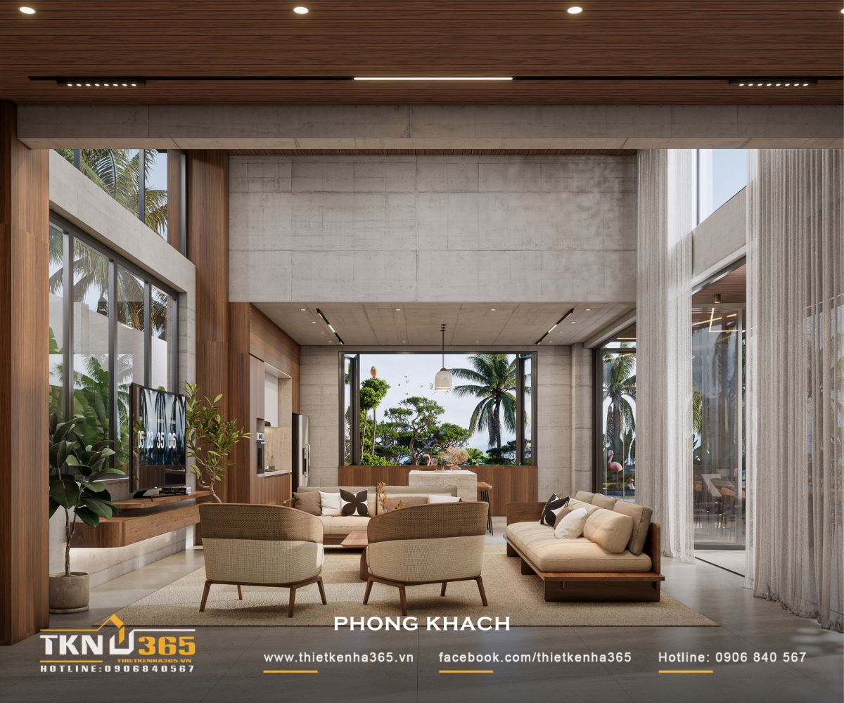 Nhà phố 1 tầng 8x15m biến khoảng sân rộng thành không gian nghỉ dưỡng mỗi ngày 22 Cách bố trí nội thất gọn và khoảng lưu thông rộng giúp phòng khách giữ được cảm giác thoáng dù sử dụng bộ sofa kích thước lớn
