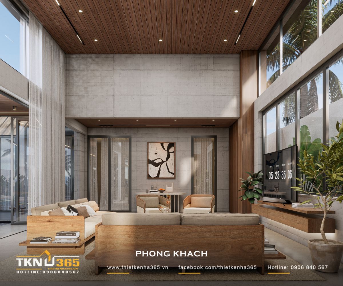Nhà phố 1 tầng 8x15m biến khoảng sân rộng thành không gian nghỉ dưỡng mỗi ngày 23 Bê tông, gỗ và kính sử dụng xuyên suốt, tạo sự thống nhất cho nội thất nhà phố 1 tầng theo phong cách hiện đại
