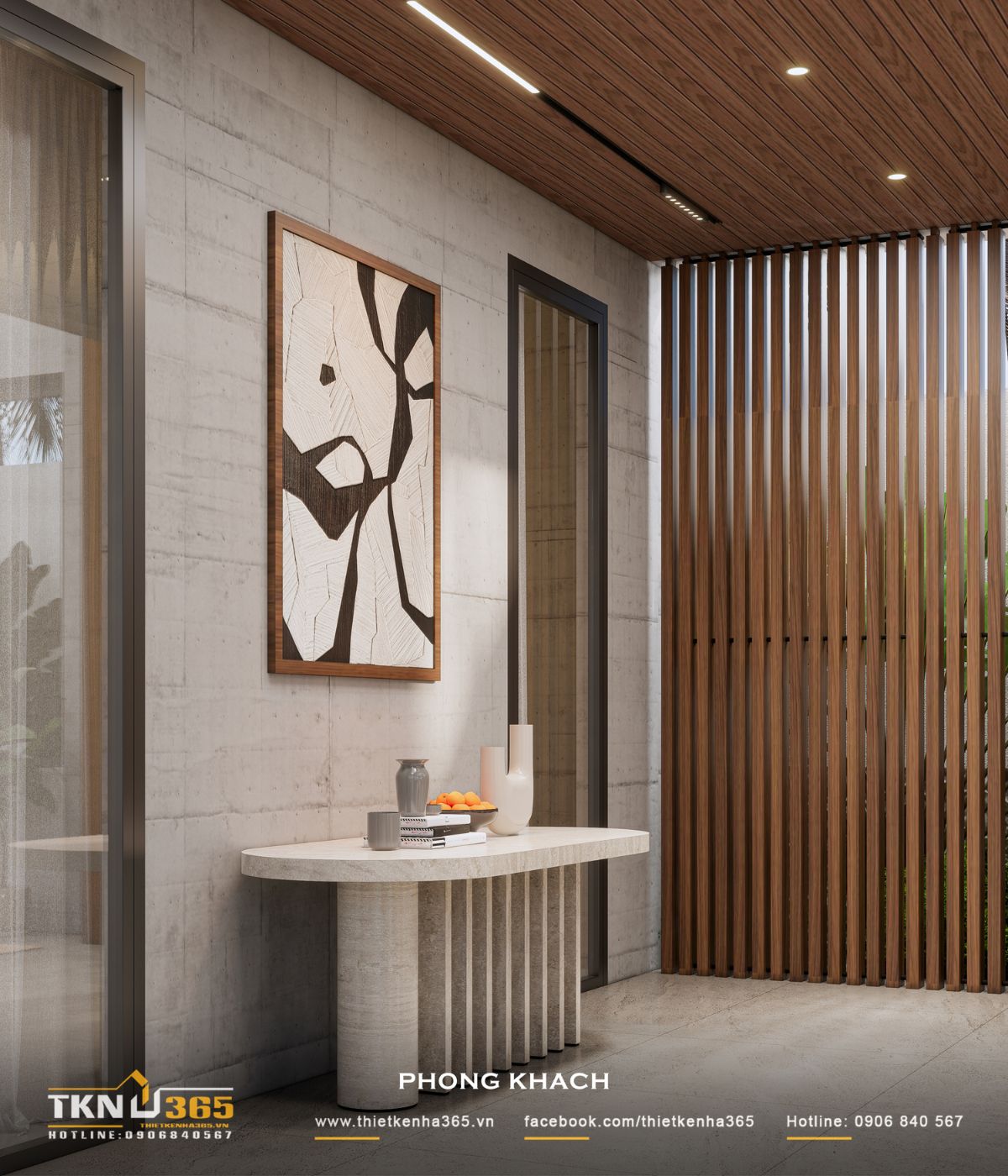 Nhà phố 1 tầng 8x15m biến khoảng sân rộng thành không gian nghỉ dưỡng mỗi ngày 25 Bàn console dáng bo cong và tranh trang trí bổ sung chi tiết mềm mại cho khu vực chuyển tiếp cạnh phòng khách