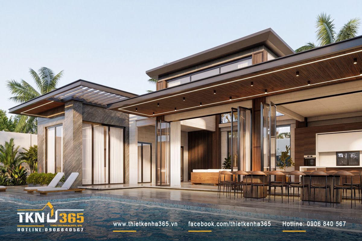 Nhà phố 1 tầng 8x15m biến khoảng sân rộng thành không gian nghỉ dưỡng mỗi ngày 3 Mái hiên ốp gỗ kéo dài tạo khoảng đệm che nắng cho hệ cửa kính, đồng thời mở rộng khu vực sinh hoạt về phía hồ bơi