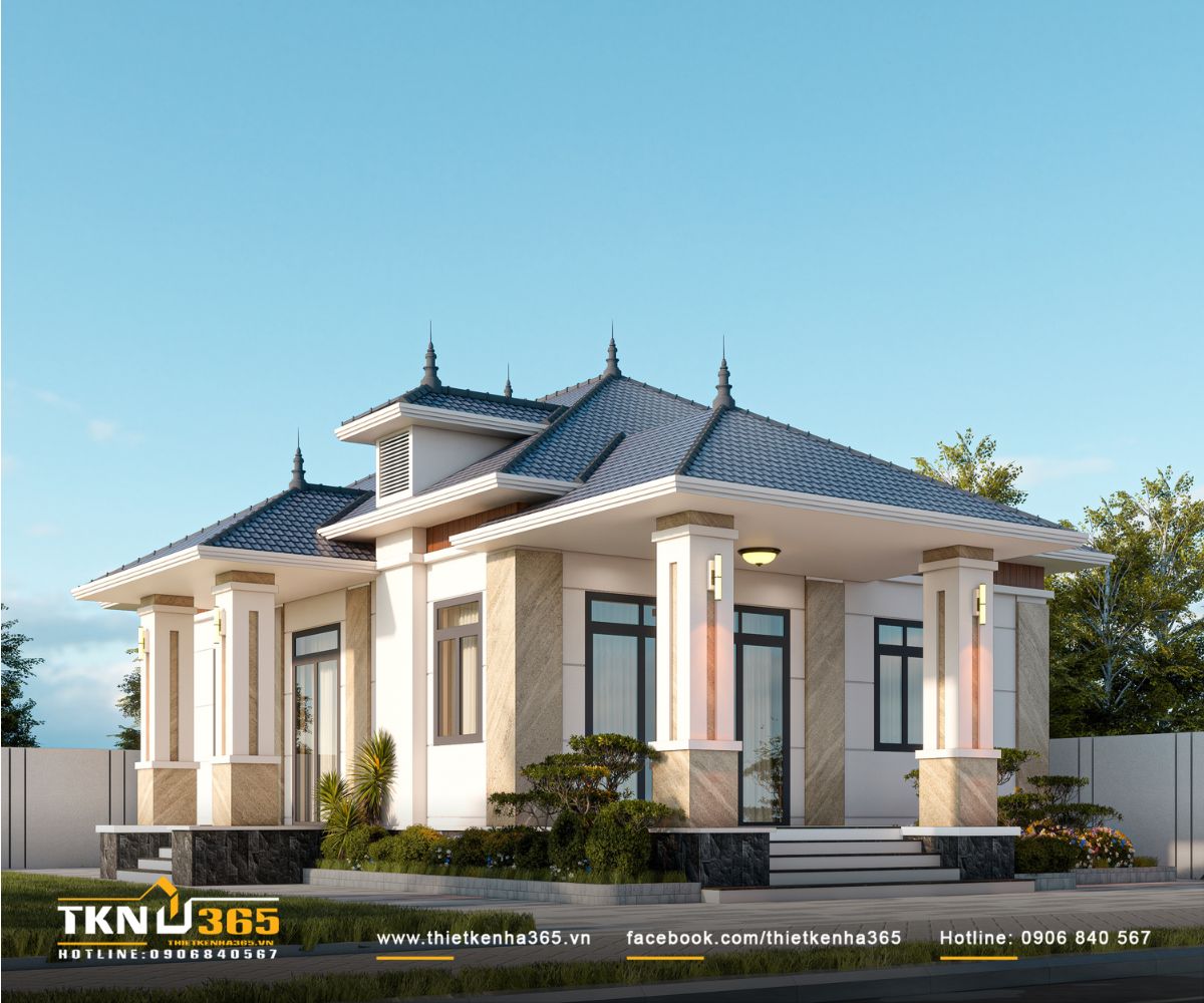 Các khối mái thay đổi cao độ cùng hai khoảng hiên tạo chiều sâu kiến trúc, giúp nhà phố 1 tầng tránh cảm giác thấp và dàn trải theo chiều ngang