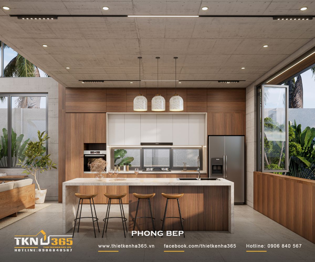 Nhà phố 1 tầng 8x15m biến khoảng sân rộng thành không gian nghỉ dưỡng mỗi ngày 30 Bảng màu gỗ nâu, trắng và bề mặt đá sáng tiếp tục ngôn ngữ vật liệu của phòng khách, tạo sự liền mạch cho không gian chung
