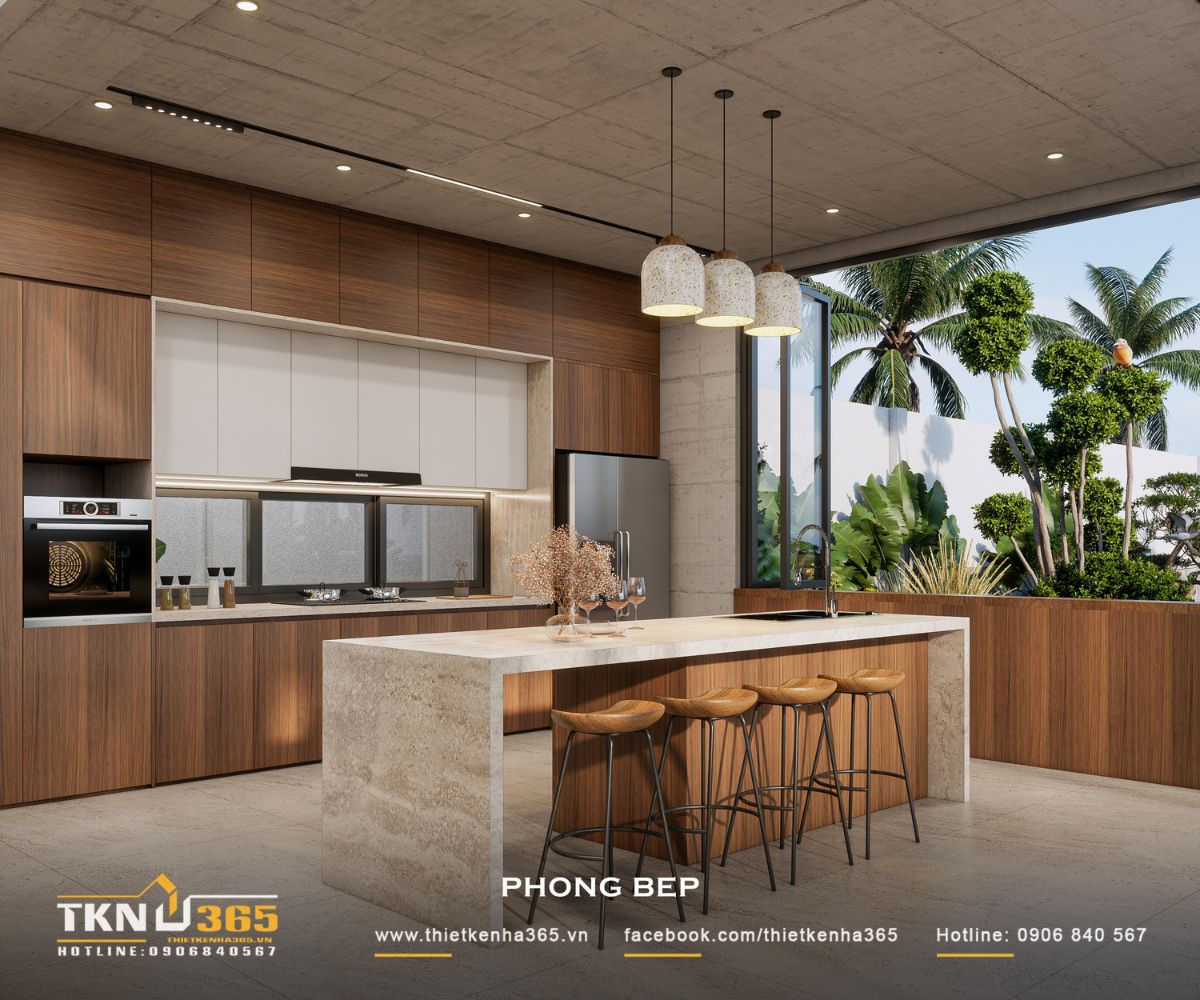 Nhà phố 1 tầng 8x15m biến khoảng sân rộng thành không gian nghỉ dưỡng mỗi ngày 32 Cửa kính mở lớn cạnh bếp đưa ánh sáng và cây xanh vào gần khu vực nấu nướng, đồng thời hỗ trợ thông gió tự nhiên khi cần thiết