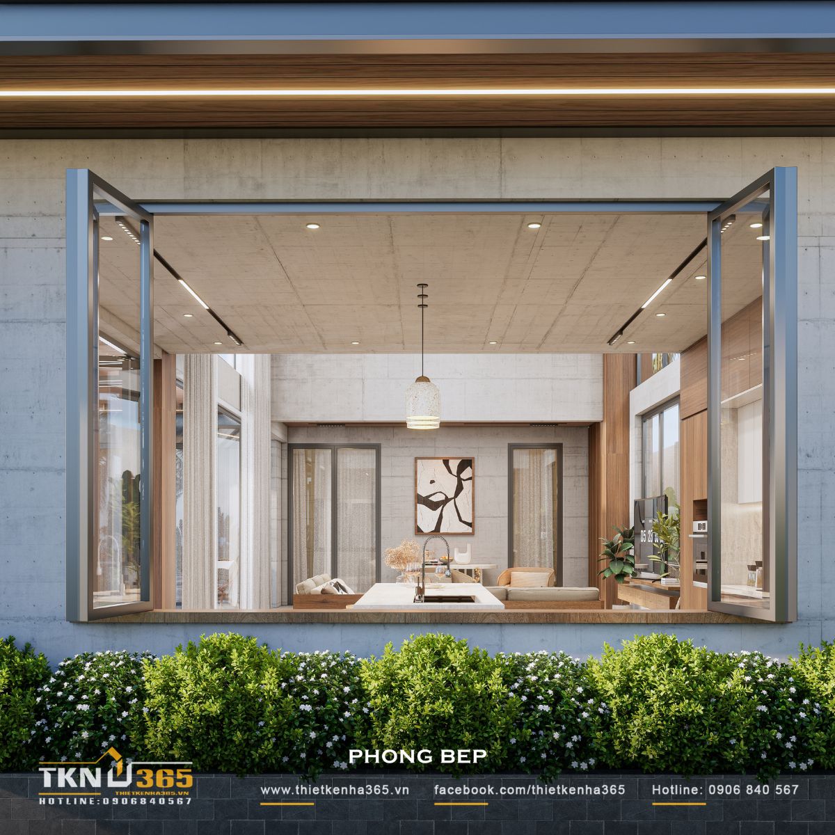Nhà phố 1 tầng 8x15m biến khoảng sân rộng thành không gian nghỉ dưỡng mỗi ngày 33 Khung cửa mở rộng kết nối bếp với cảnh quan bên ngoài, thể hiện rõ cách thiết kế nhà phố 1 tầng ưu tiên sự giao thoa giữa nội thất và sân vườn