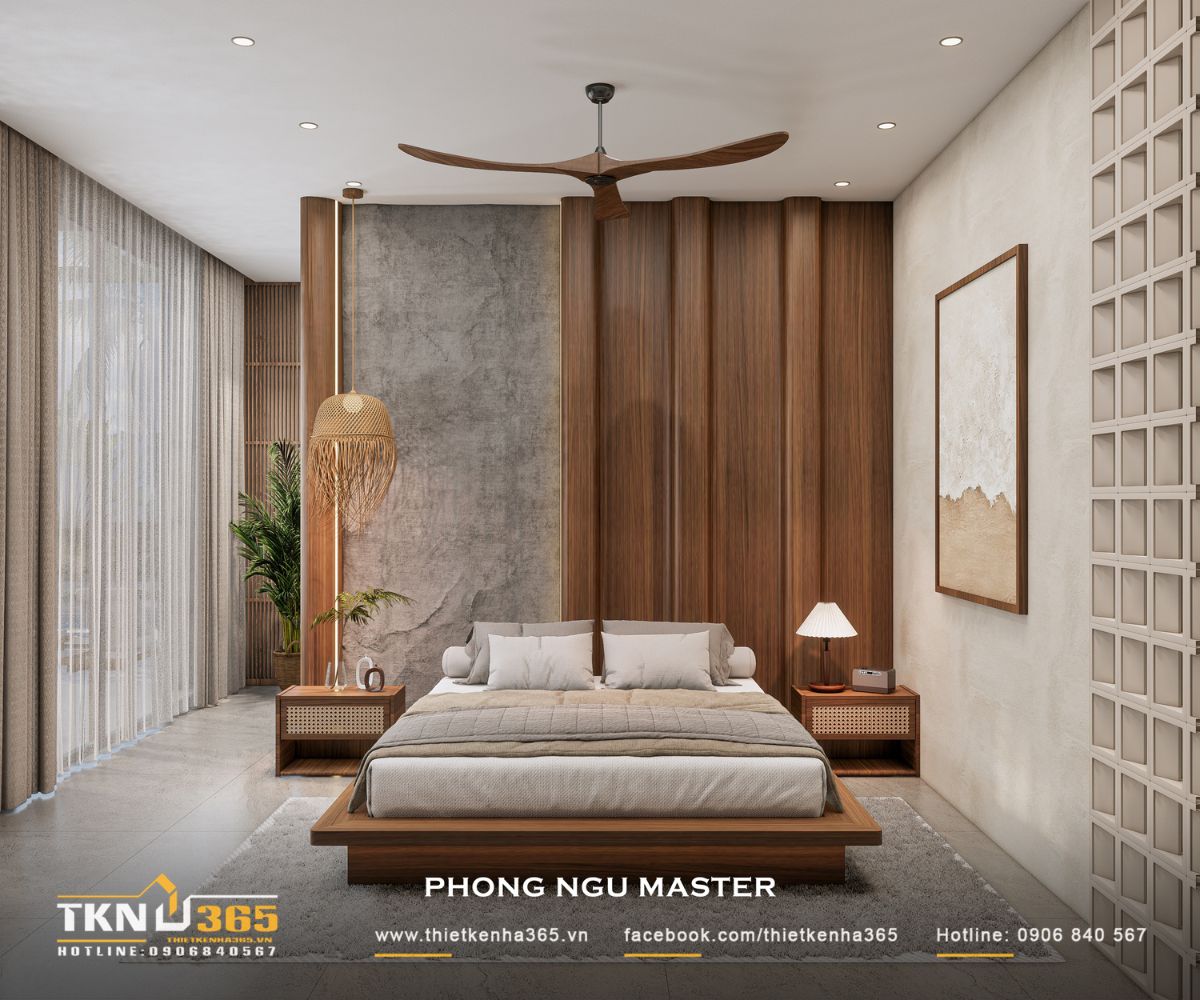 Nhà phố 1 tầng 8x15m biến khoảng sân rộng thành không gian nghỉ dưỡng mỗi ngày 34 Phòng ngủ master sử dụng giường gỗ thấp kết hợp mảng đầu giường bê tông và lam gỗ đứng, tạo cảm giác ấm áp nhưng vẫn giữ nét hiện đại của nhà phố 1 tầng