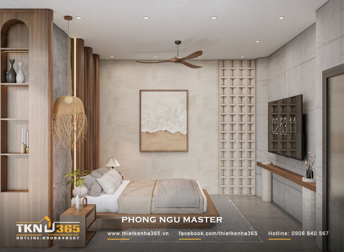 Nhà phố 1 tầng 8x15m biến khoảng sân rộng thành không gian nghỉ dưỡng mỗi ngày 35 Khu vực nghỉ ngơi được bố trí thoáng với TV treo tường và hệ kệ mảnh, hạn chế đồ nội thất rời để giữ khoảng lưu thông rộng rãi