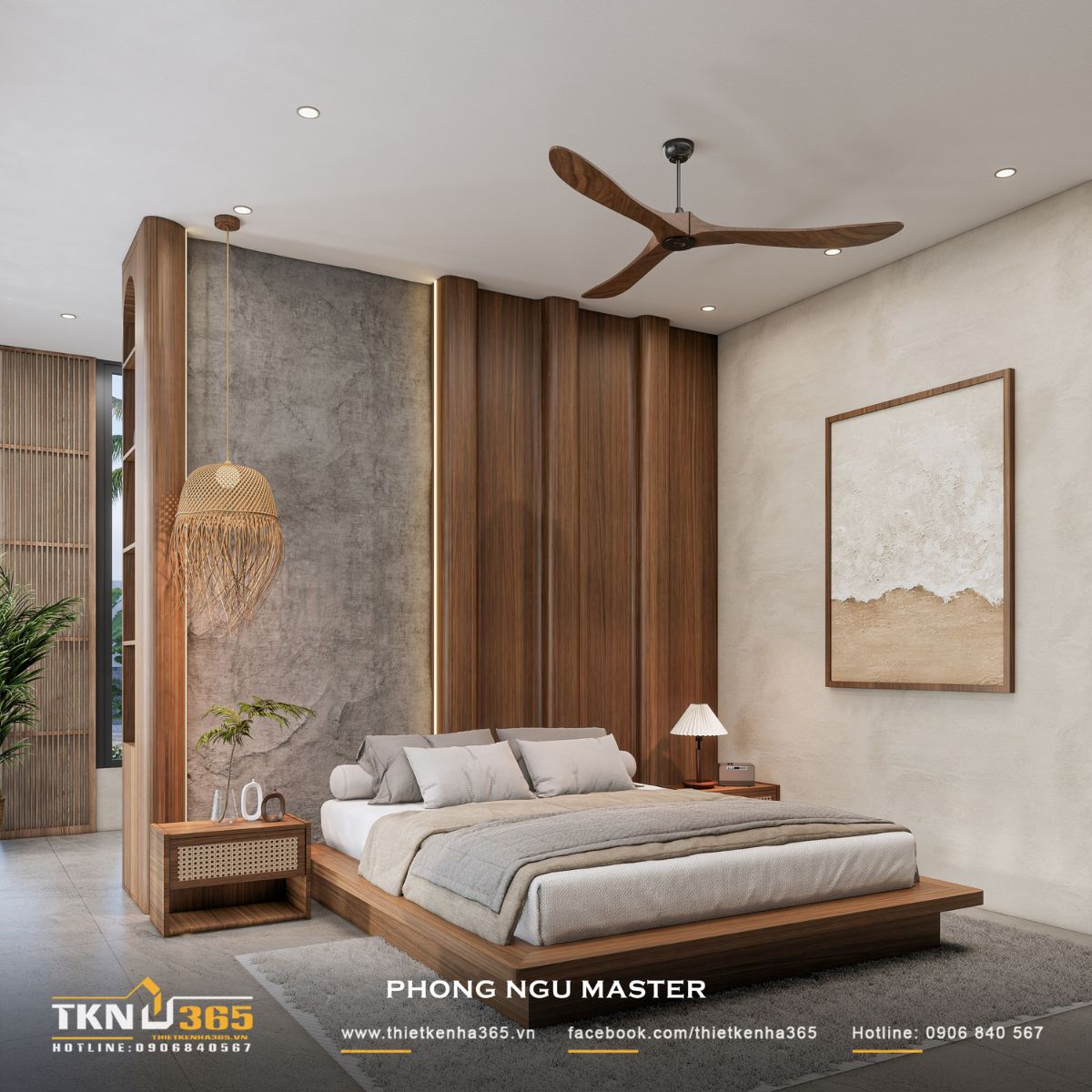 Nhà phố 1 tầng 8x15m biến khoảng sân rộng thành không gian nghỉ dưỡng mỗi ngày 36 Sự kết hợp giữa gỗ nâu, bề mặt bê tông và gam màu trung tính tạo chiều sâu cho phòng ngủ master mà không cần nhiều chi tiết trang trí