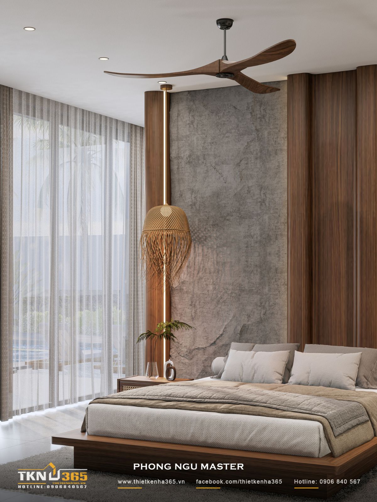 Nhà phố 1 tầng 8x15m biến khoảng sân rộng thành không gian nghỉ dưỡng mỗi ngày 37 Hệ cửa kính lớn phủ rèm cao đưa ánh sáng tự nhiên vào phòng ngủ, đồng thời cho phép điều chỉnh mức độ riêng tư tùy theo nhu cầu sử dụng