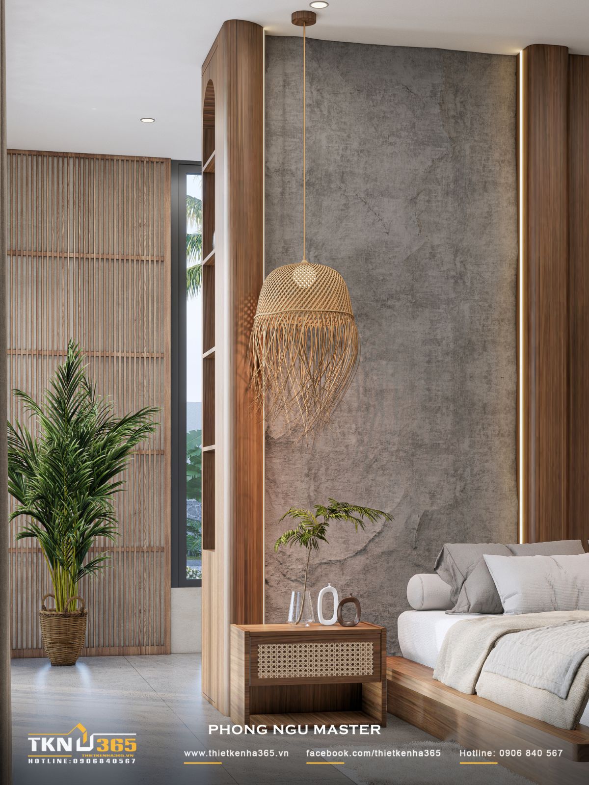 Nhà phố 1 tầng 8x15m biến khoảng sân rộng thành không gian nghỉ dưỡng mỗi ngày 38 Đèn thả đan mây, tủ đầu giường và các chi tiết gỗ giúp làm mềm mảng bê tông lớn phía sau giường, tăng cảm giác gần gũi cho không gian nghỉ ngơi