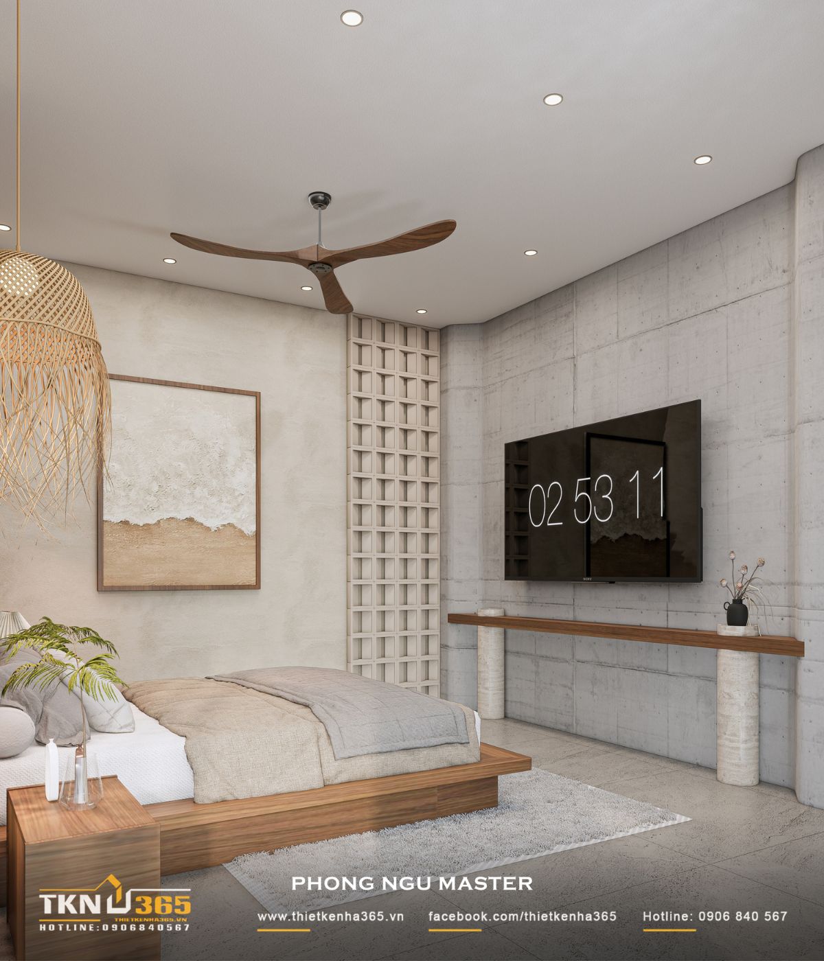 Nhà phố 1 tầng 8x15m biến khoảng sân rộng thành không gian nghỉ dưỡng mỗi ngày 39 Mảng tường bê tông phía đối diện giường được xử lý tối giản với TV treo và kệ dài, giữ bề mặt gọn và hạn chế chiếm diện tích sàn