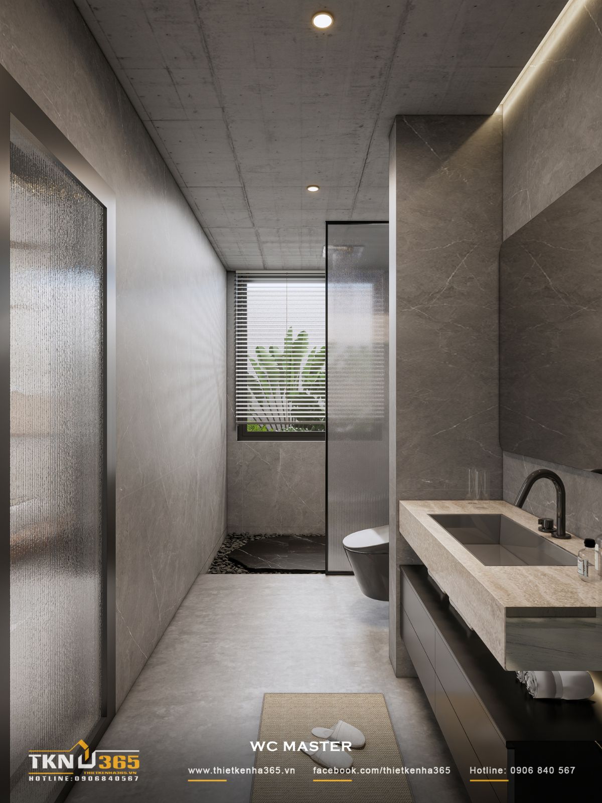 Nhà phố 1 tầng 8x15m biến khoảng sân rộng thành không gian nghỉ dưỡng mỗi ngày 43 Lavabo dài kết hợp hệ tủ treo tạo thêm diện tích lưu trữ, đồng thời giải phóng mặt sàn để khu vệ sinh gọn và thuận tiện khi làm sạch