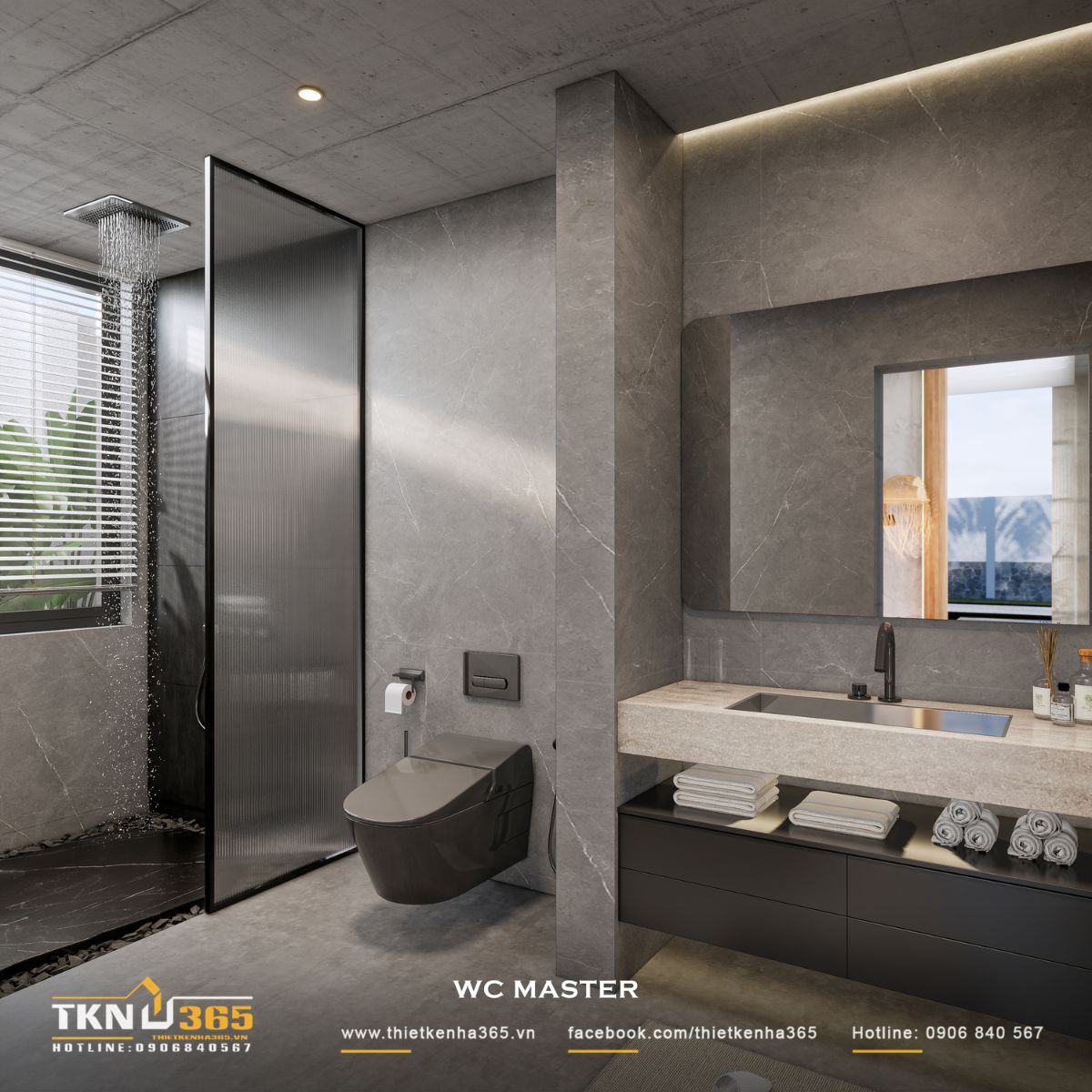 Nhà phố 1 tầng 8x15m biến khoảng sân rộng thành không gian nghỉ dưỡng mỗi ngày 44 Khu tắm đứng bố trí sát cửa sổ, tận dụng ánh sáng và khả năng thông thoáng tự nhiên, vách kính giúp hạn chế nước ảnh hưởng đến khu vực lavabo và bồn cầu