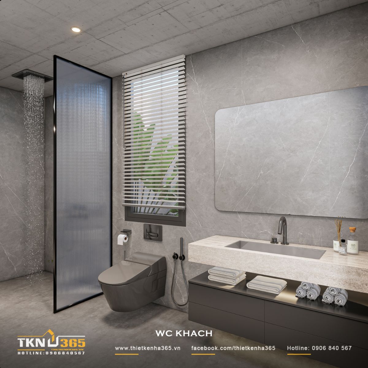 Nhà phố 1 tầng 8x15m biến khoảng sân rộng thành không gian nghỉ dưỡng mỗi ngày 46 Cửa sổ kết hợp hệ lam điều chỉnh giúp WC khách nhận ánh sáng tự nhiên nhưng vẫn kiểm soát tầm nhìn, đồng thời hỗ trợ thông gió cho không gian
