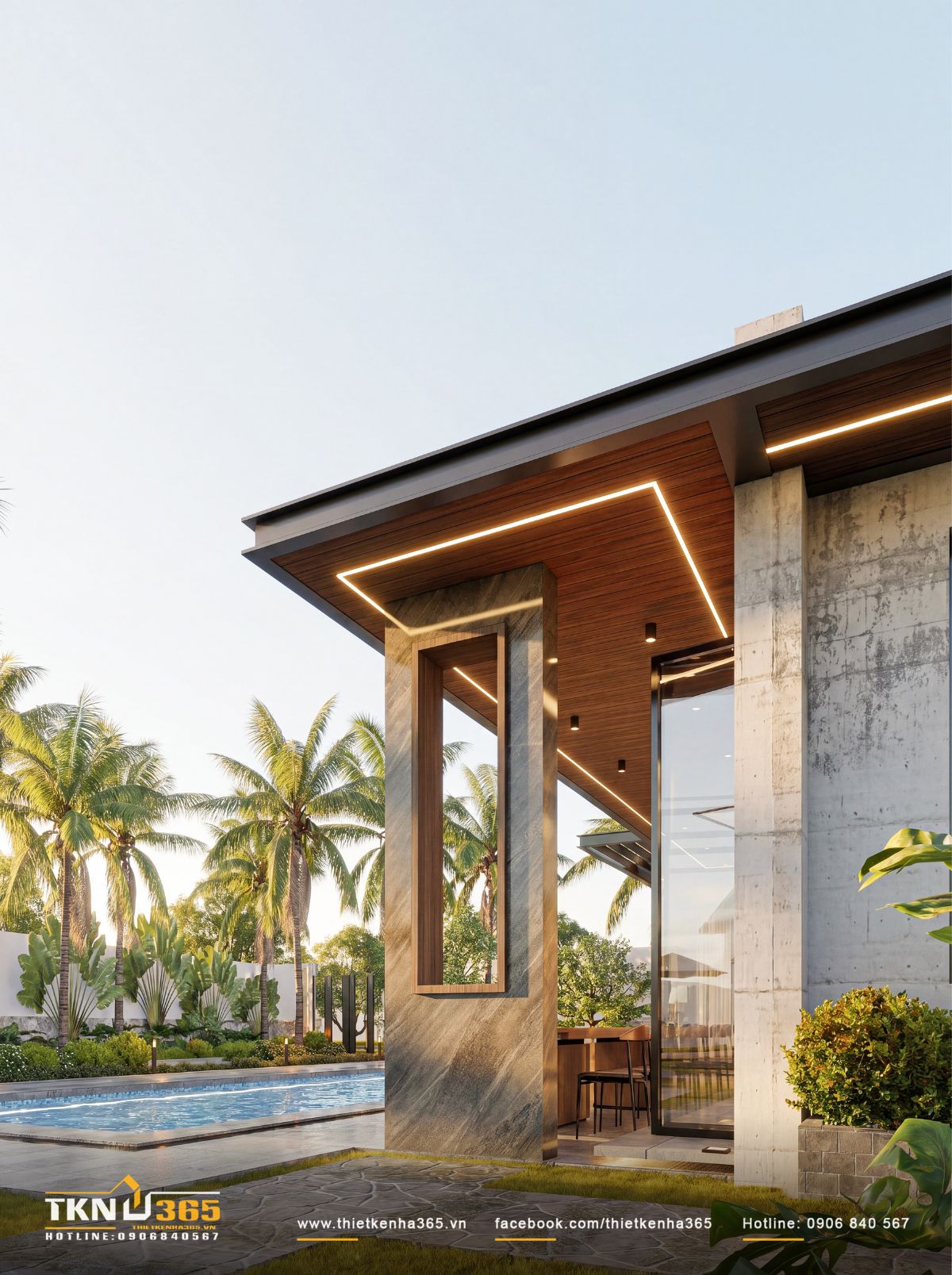 Nhà phố 1 tầng 8x15m biến khoảng sân rộng thành không gian nghỉ dưỡng mỗi ngày 5 Mái hiên ốp gỗ kết hợp hệ đèn tạo khoảng chuyển tiếp có mái che giữa nhà và sân vườn