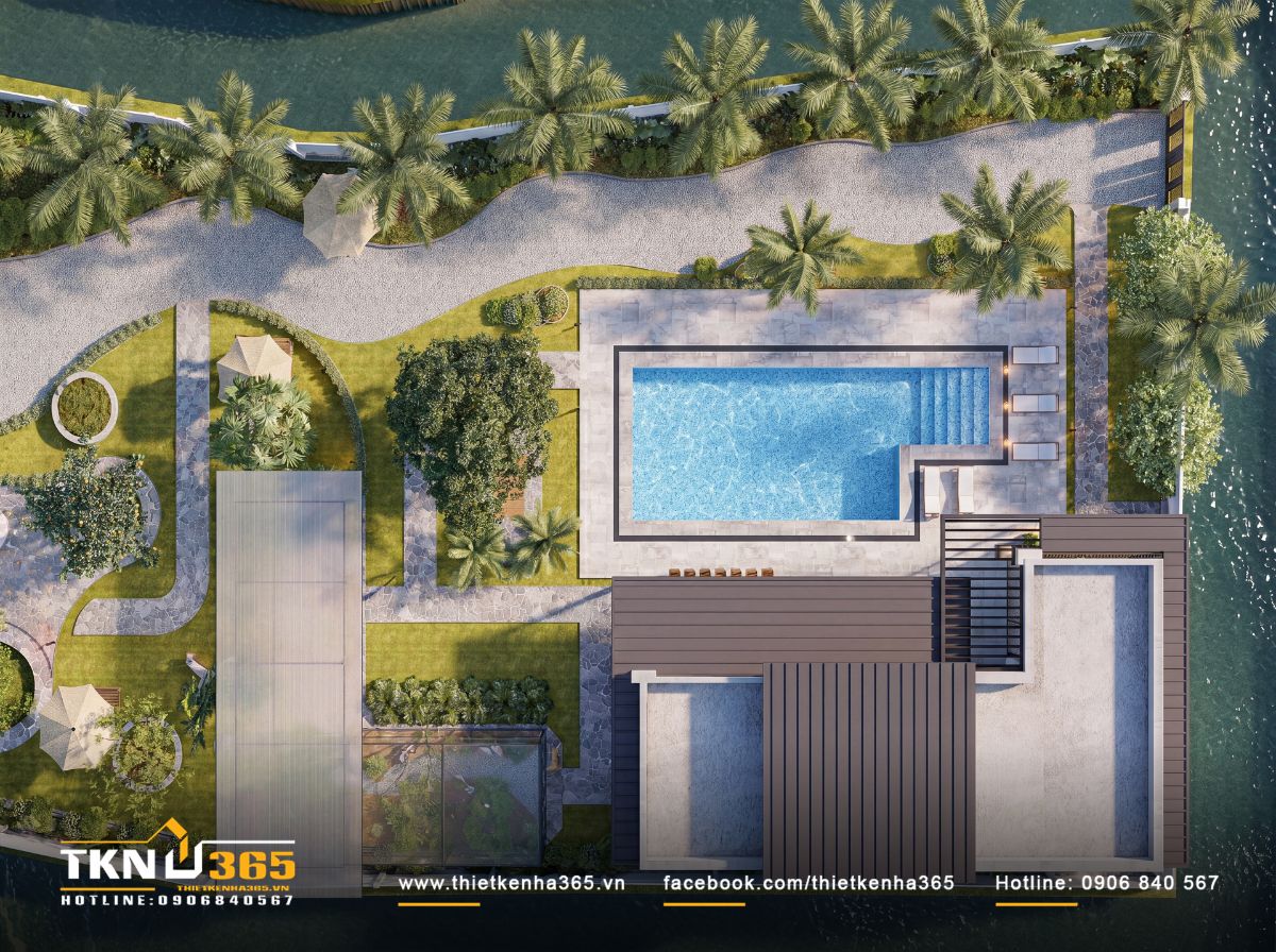 Nhà phố 1 tầng 8x15m biến khoảng sân rộng thành không gian nghỉ dưỡng mỗi ngày 8 Tổng thể khuôn viên dành phần lớn diện tích cho hồ bơi, cây xanh và các khoảng nghỉ thay vì xây kín khu đất