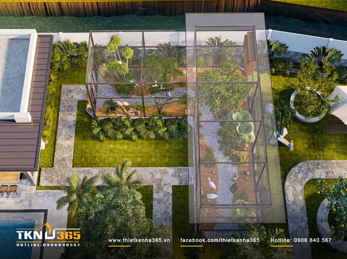 Nhà phố 1 tầng 8x15m biến khoảng sân rộng thành không gian nghỉ dưỡng mỗi ngày 9 Khu aviary được bố trí tách về rìa khuôn viên, bao quanh bởi thảm cỏ và hệ cây xanh