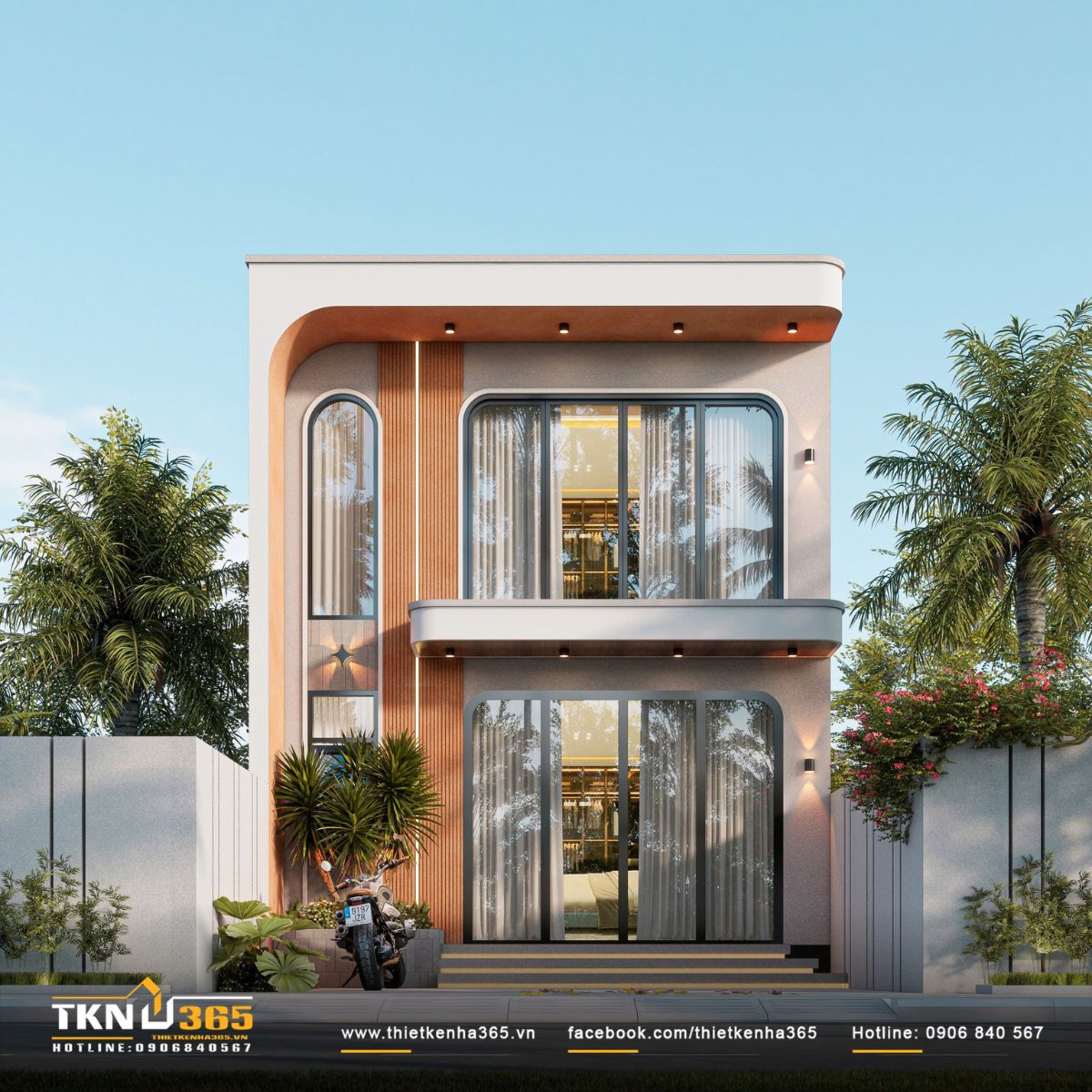 Mặt tiền nhà phố 1 trệt 1 lửng 6x10m sử dụng các đường bo cong ở mái, ban công và khung cửa, giúp hình khối hiện đại trở nên mềm mại hơn