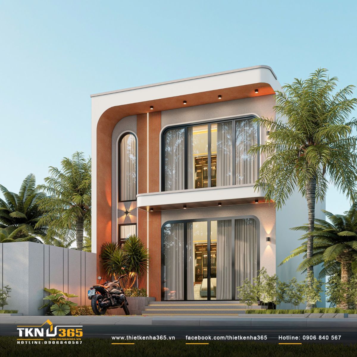 Hệ cửa kính được mở rộng ở cả hai tầng, hỗ trợ đưa ánh sáng tự nhiên vào bên trong và tạo cảm giác thoáng cho mặt tiền 6m