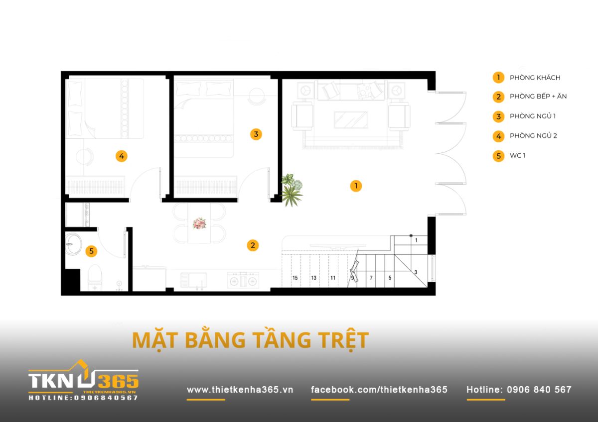 Mặt bằng tầng trệt bố trí phòng khách phía trước, bếp ăn ở giữa và hai phòng ngủ phía sau, tập trung phần lớn sinh hoạt thường ngày trên một mặt sàn