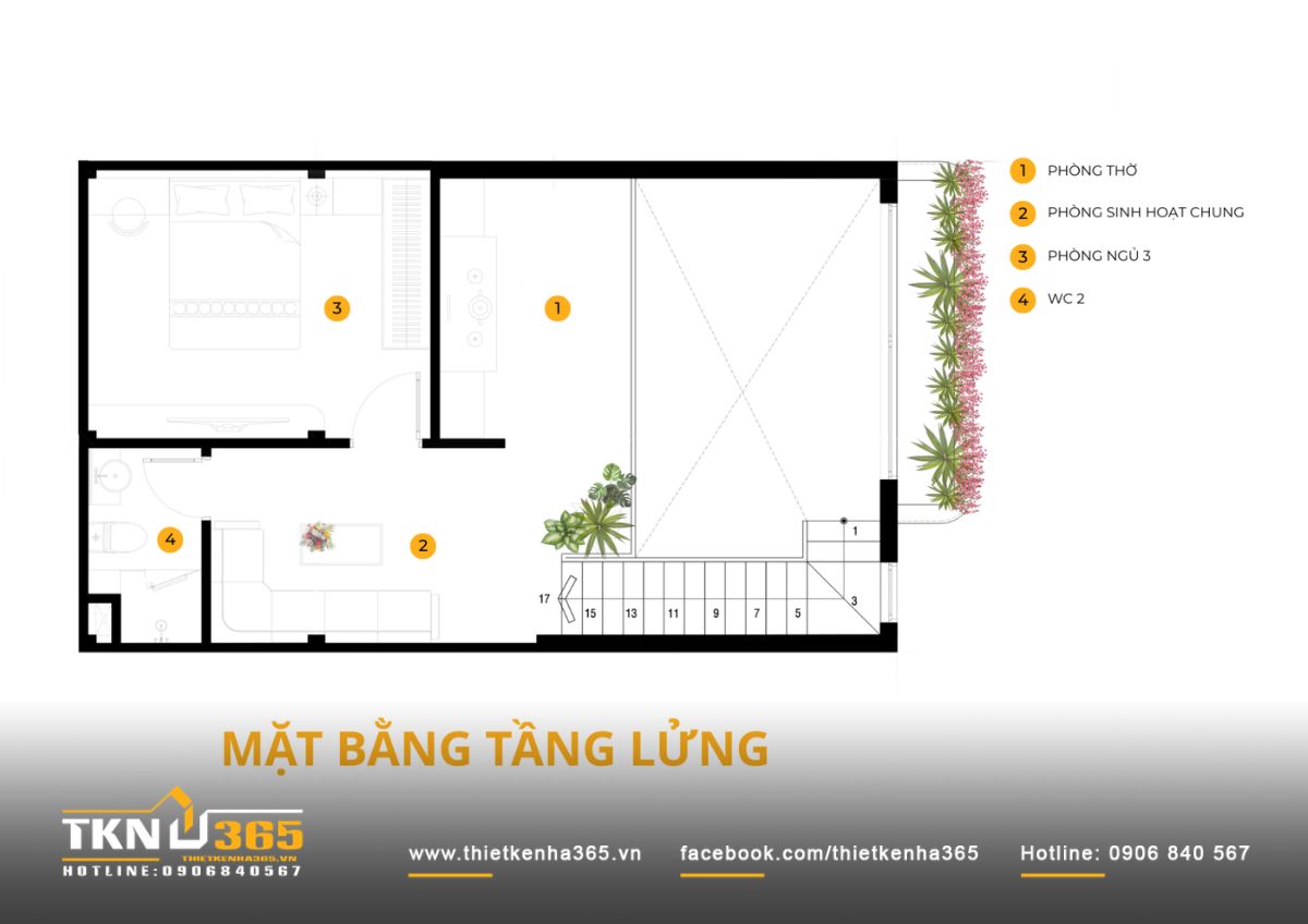 Tầng lửng gồm phòng ngủ thứ ba, phòng sinh hoạt chung, phòng thờ và WC, đồng thời chừa khoảng thông tầng lớn cạnh cầu thang để tăng độ thoáng