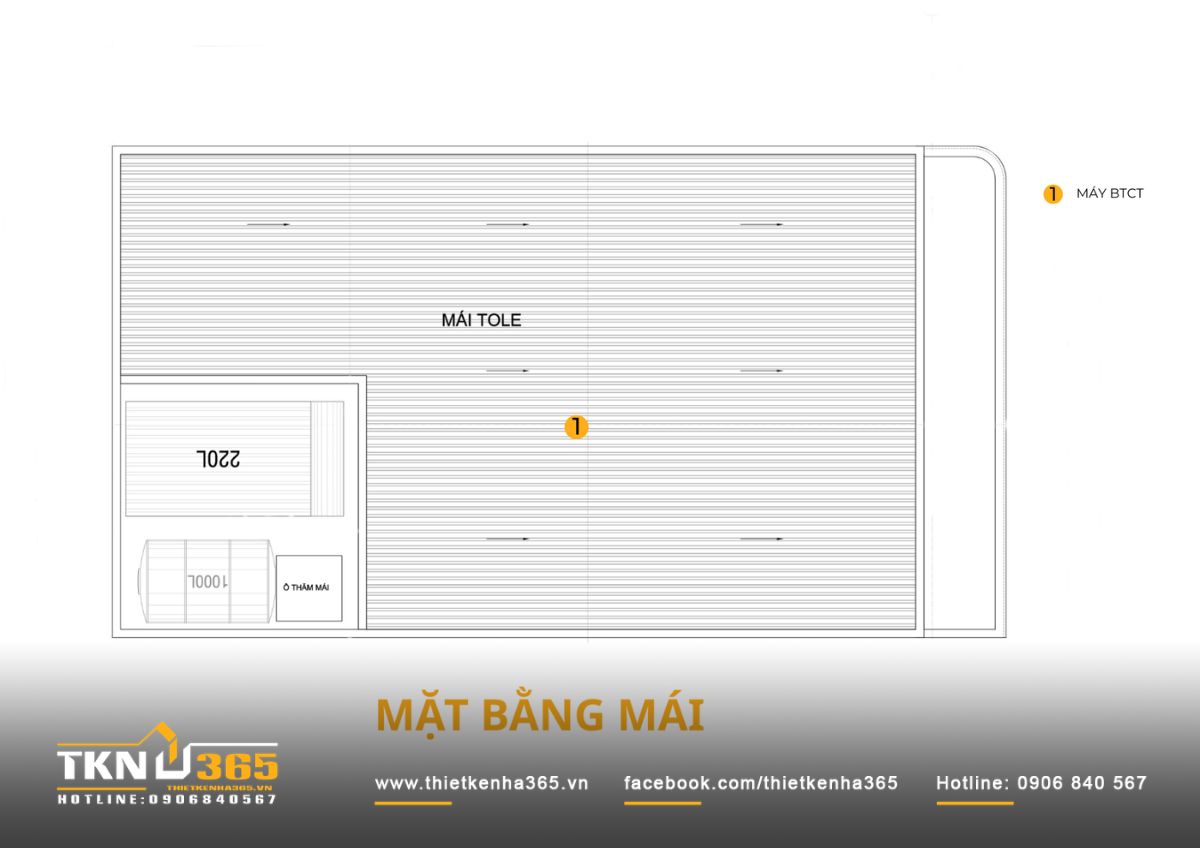 Mặt bằng mái sử dụng mái tôn bao phủ phần lớn công trình, kết hợp khu vực đặt máy nước nóng năng lượng mặt trời và ô thăm mái