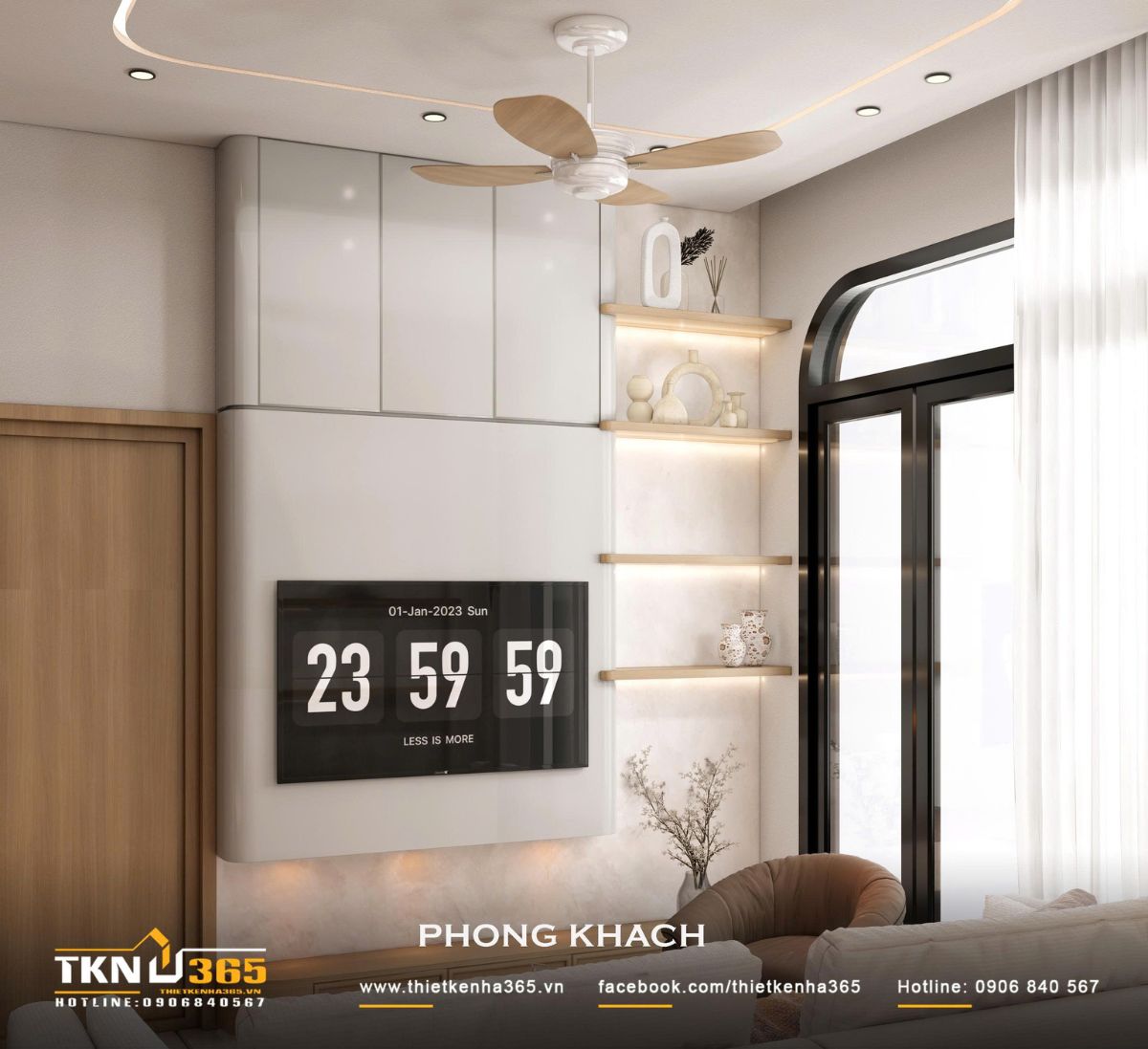 Mảng tường TV được thiết kế gọn với hệ tủ cao sát trần và các kệ mở có đèn hắt, tăng thêm không gian lưu trữ cho phòng khách