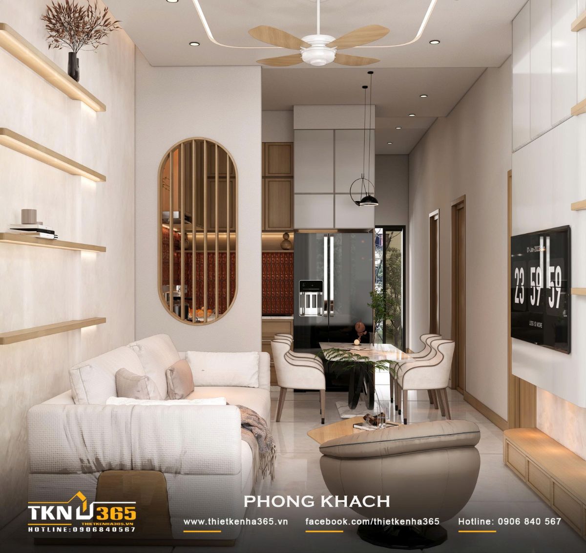 Từ phòng khách có thể nhìn xuyên về khu bếp - ăn phía trong, giúp không gian sinh hoạt chung của nhà phố 2 tầng duy trì sự kết nối