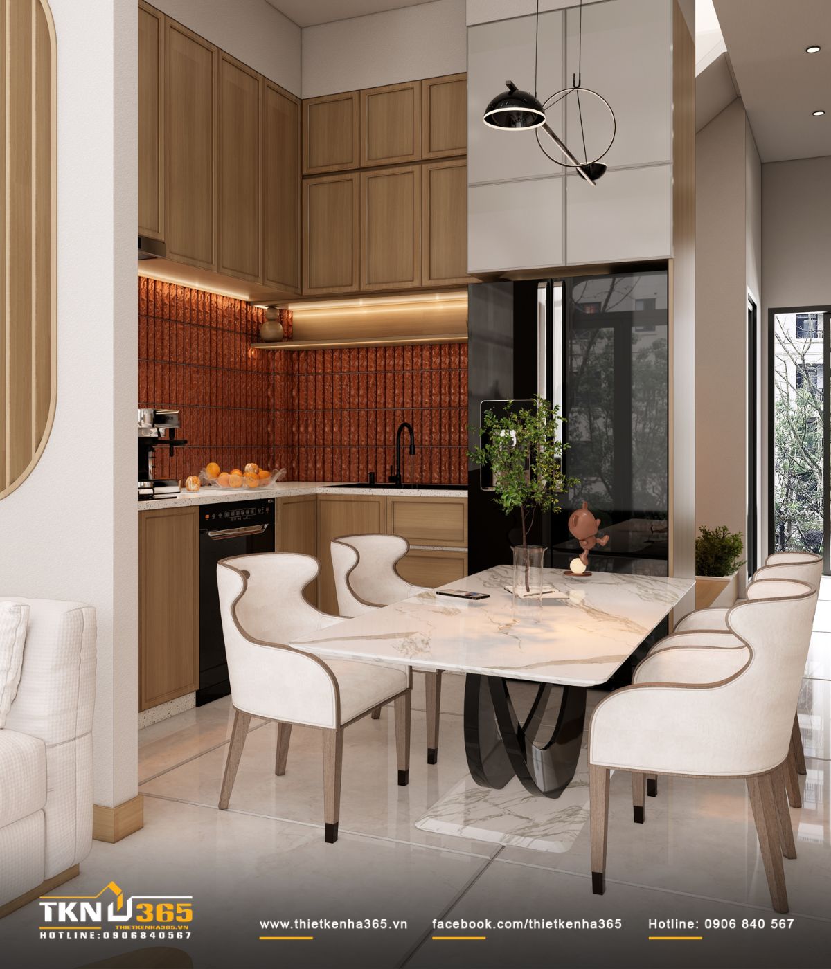 Bếp và bàn ăn được bố trí liền kề trong nhà phố 2 tầng, rút ngắn khoảng di chuyển giữa khu nấu nướng và những bữa cơm gia đình
